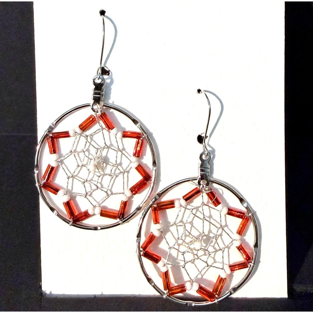 Handmade Dreamcatcher Hoop Earrings Amber Orange Beaded Silver Tone Boho Dangle